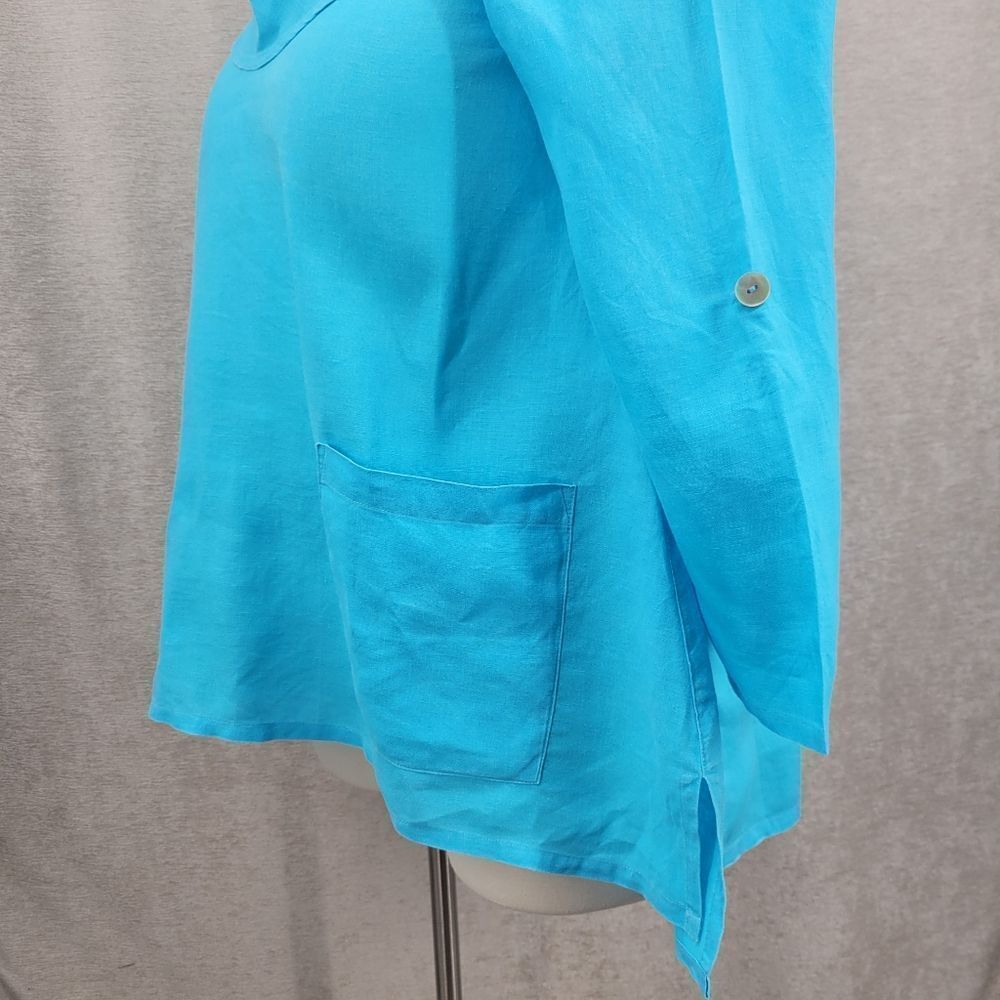 Ali Miles Linen Blue Cowl Neck Tunic Women's Top Roll Tab Sleeves - Picture 5 of 12